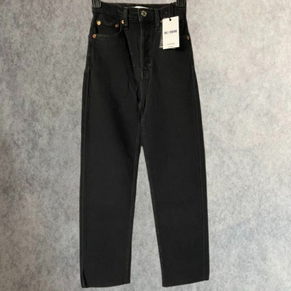 RE/DONE 70s High Rise Jeans Womens 23 Black Straight Leg Raw Hem Upcycled Denim